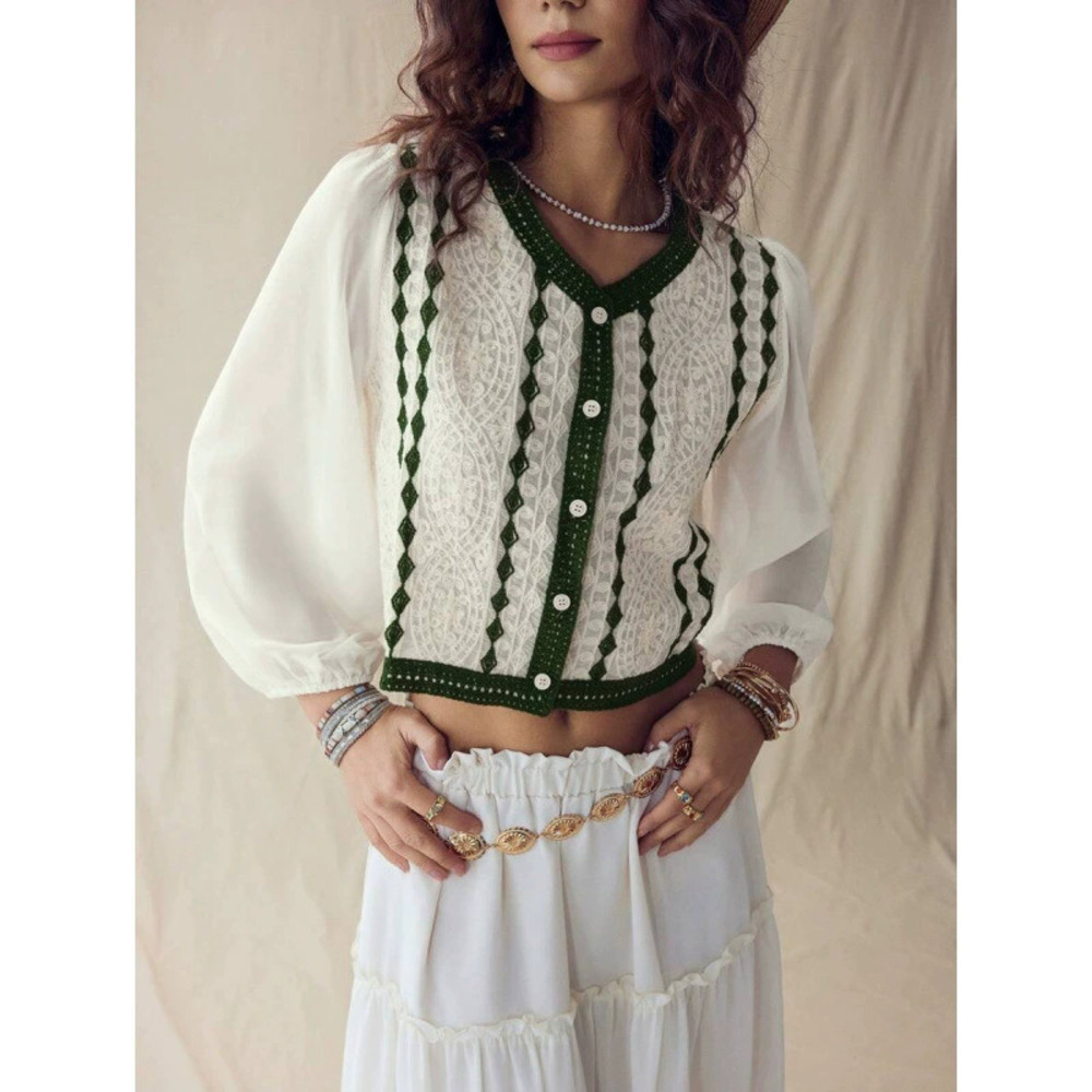 ZARA Knit Hollow Out Mock Two Piece Chiffon Sleeve Sun Protection Top
